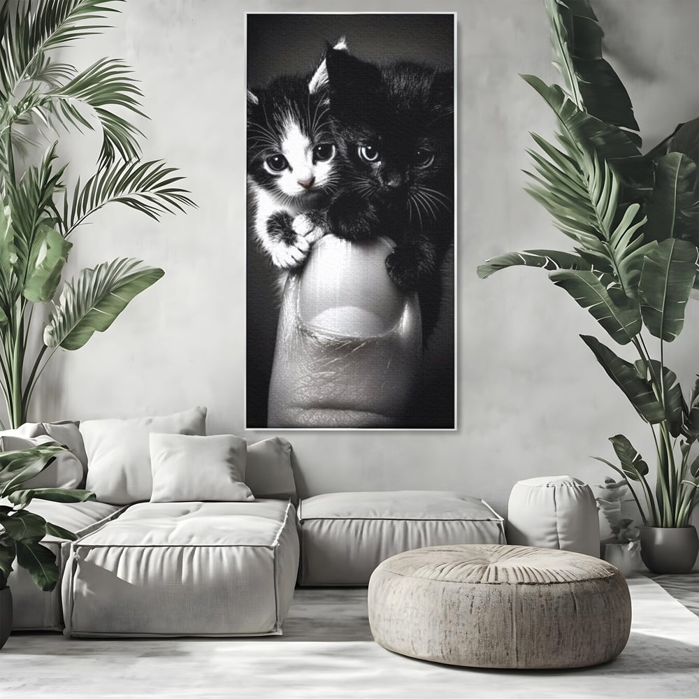 Tablou canvas cu tablou canvas cu doi pisoi mici agatati de un deget, in rama de aluminiu argintiu, pe perete intr-un living